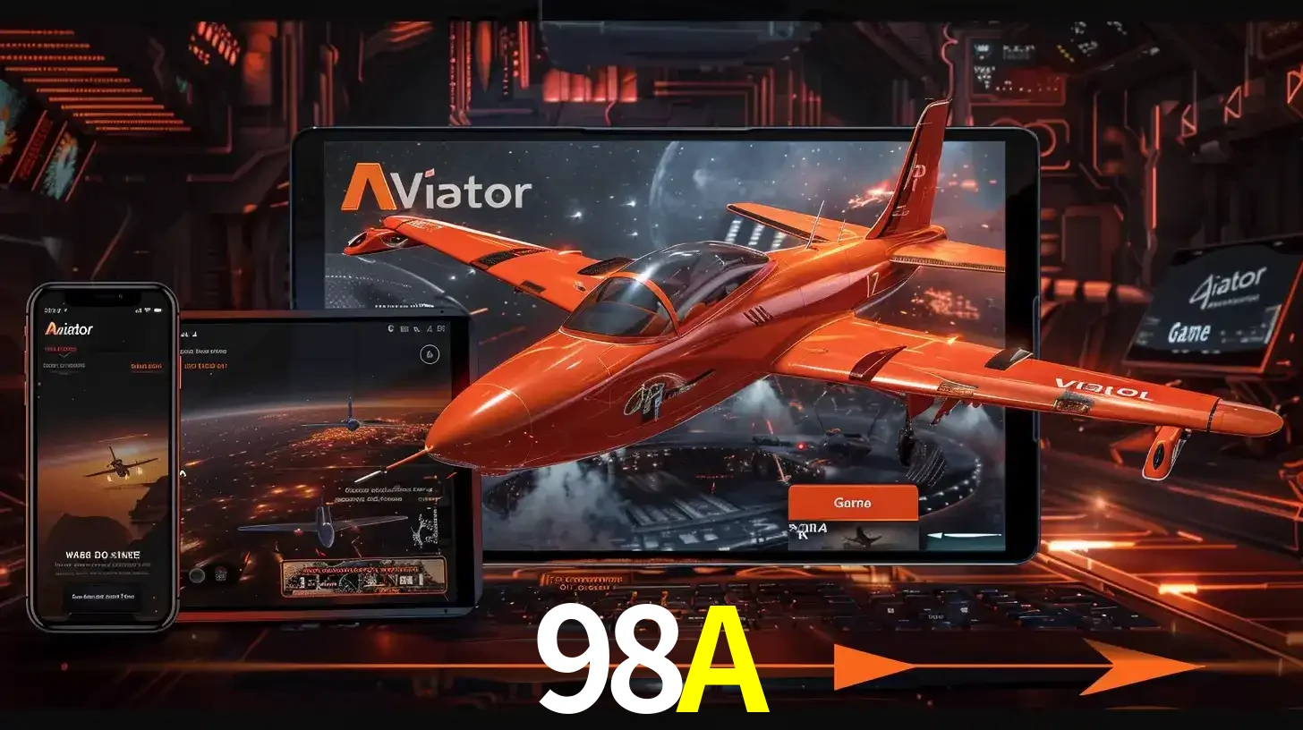Apresentação tecnológica do jogo Aviator com um avião saindo da tela de um tablet, demonstrando a experiência imersiva em múltiplos dispositivos no 98A.