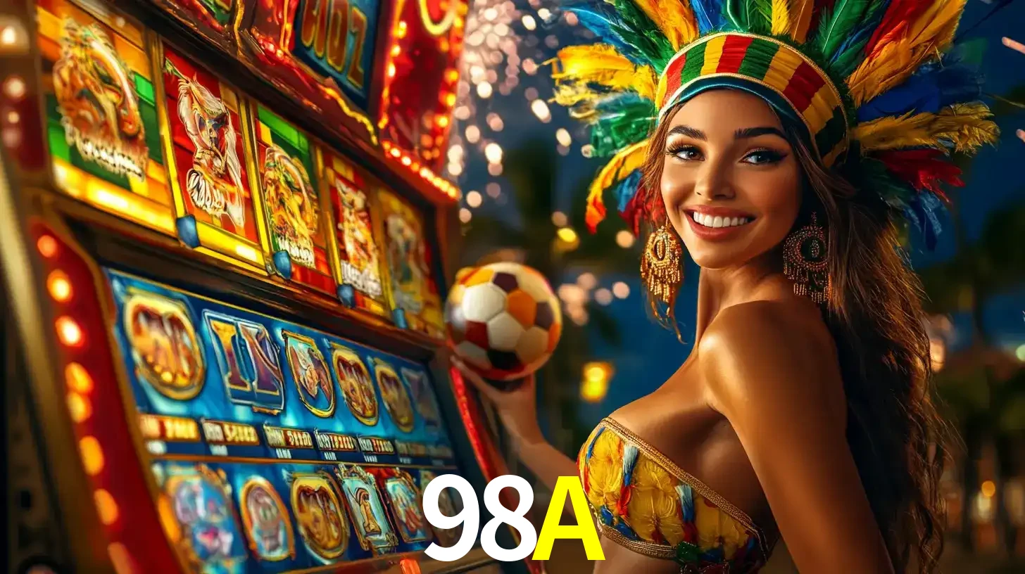 Mulher com um cocar de carnaval ao lado de uma máquina de caça-níqueis enquanto segura uma bola de futebol, mostrando a união da diversão de cassino e esportes no 98A.