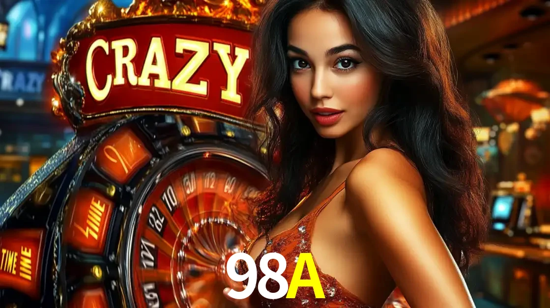 Mulher glamourosa olhando para a câmera com a roda vermelha do Crazy Time ao fundo em um ambiente de cassino, destacando a emoção dos jogos ao vivo no 98A.