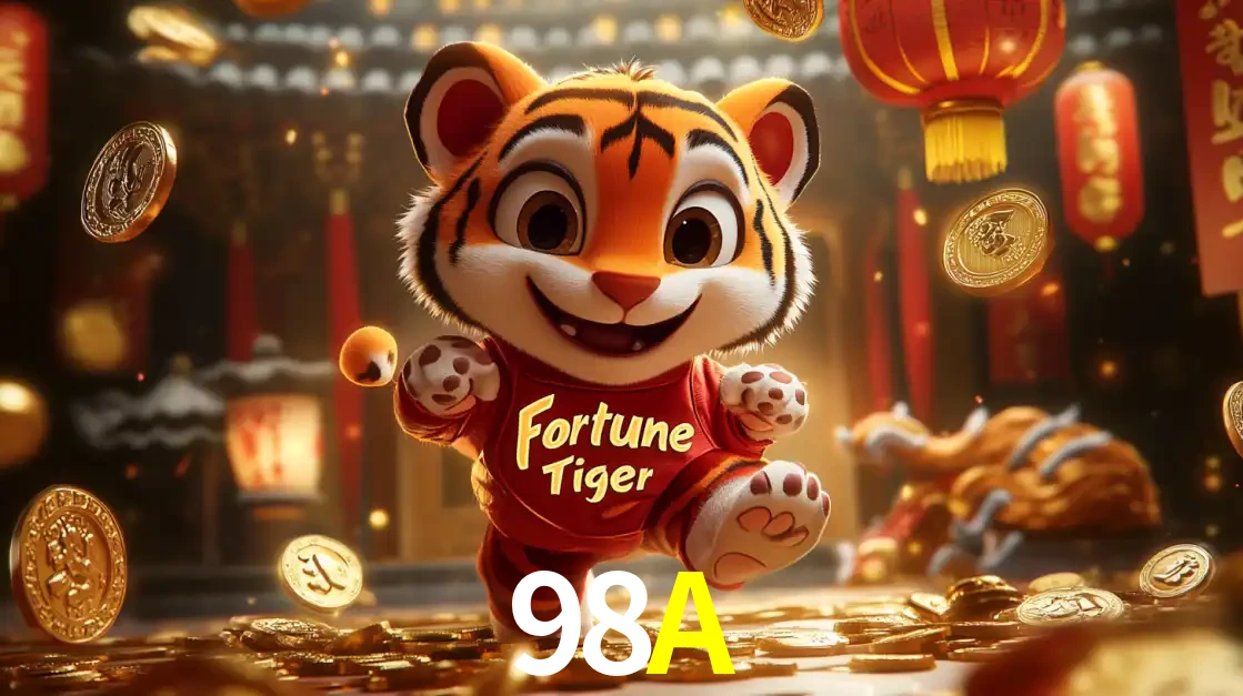 O alegre personagem do Fortune Tiger correndo sobre um caminho de moedas de ouro, simbolizando os grandes prêmios e a diversão do popular jogo de slot do 98A.