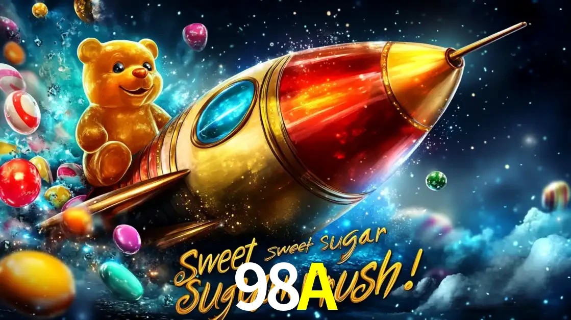 Arte promocional do jogo de slot Sugar Rush, com um urso de pelúcia em um foguete viajando pelo espaço de doces, um dos jogos divertidos disponíveis no cassino 98A.