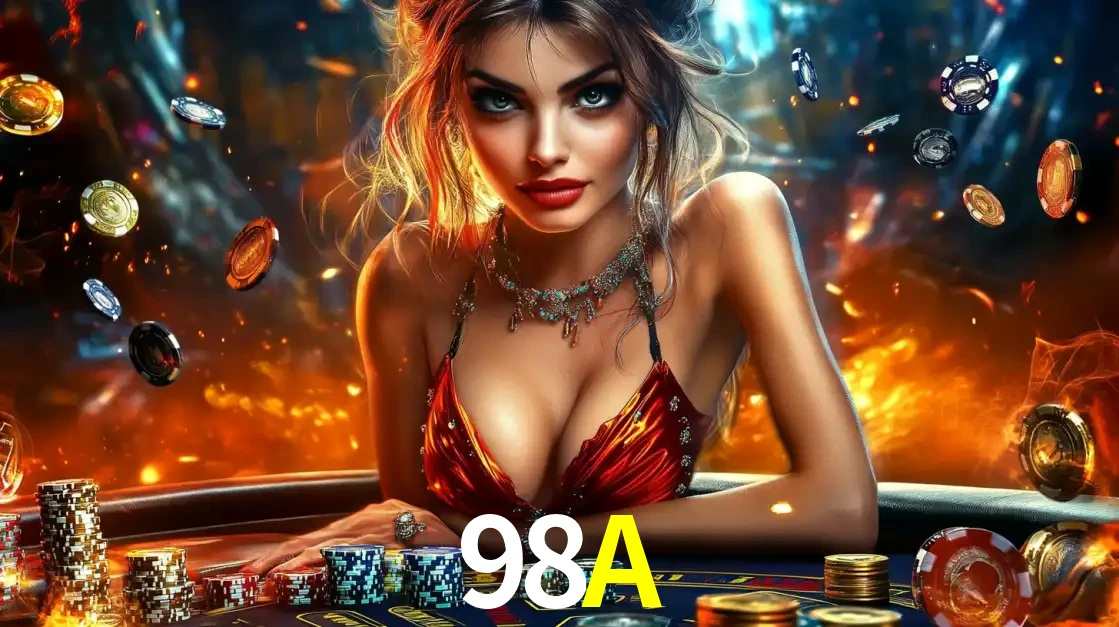 Mulher em uma mesa de cassino com pilhas de fichas e um fundo de fogo, pronta para uma rodada de altas apostas nos jogos de mesa emocionantes do cassino 98A.