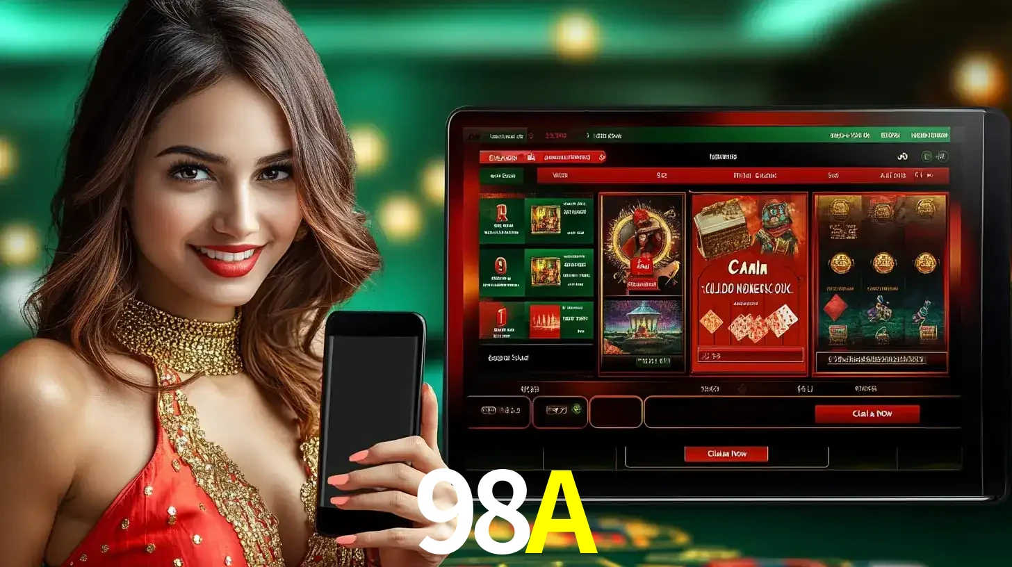 Mulher sorridente segurando um smartphone, ao lado de uma tela exibindo o lobby de jogos do cassino online 98A, com várias opções de jogos de cartas e slots.